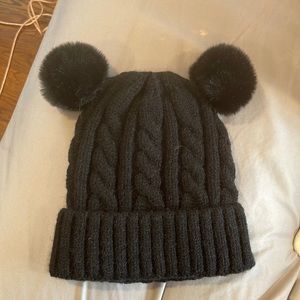 Black Puff Bunny Ear Beanie